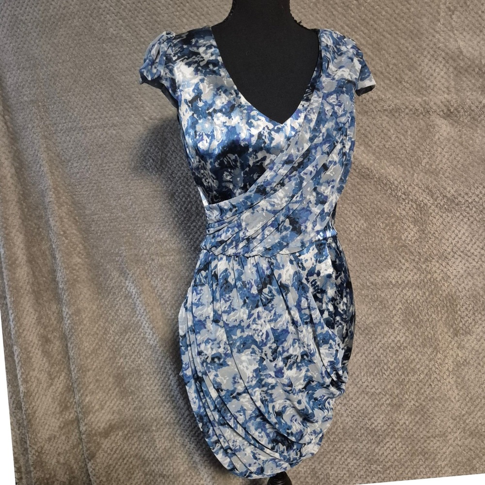 Guess Los Angeles Blue Floral Satin Ruched Draped Sheath Dress Size 6